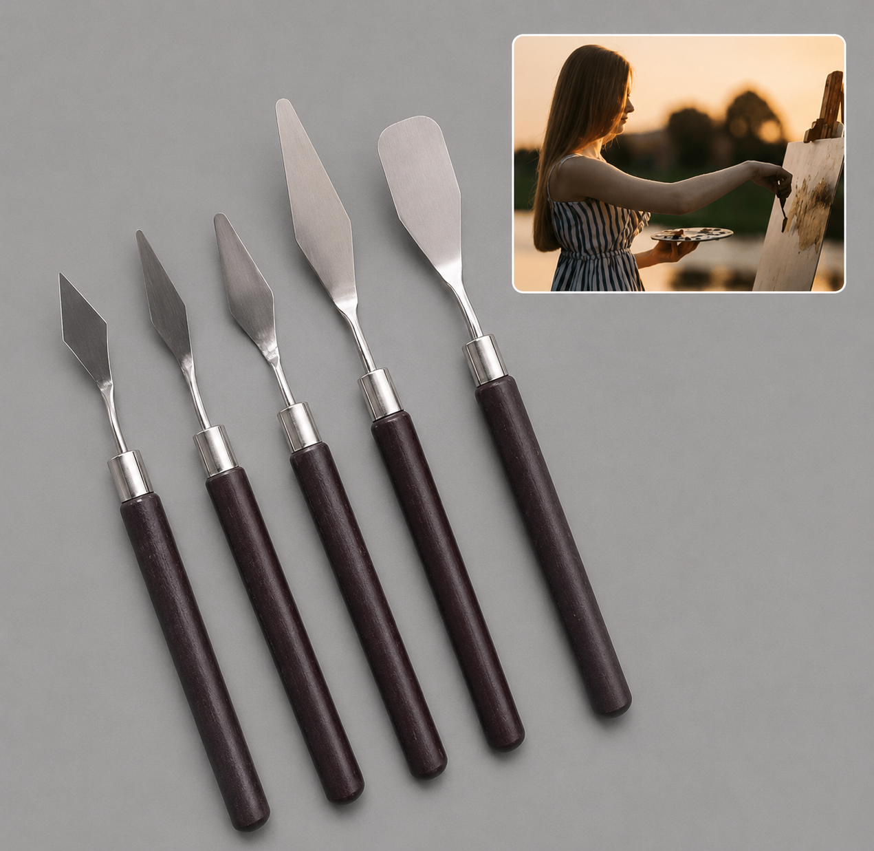 5PCS Stainless Steel Palette Knife Set Wooden Handle Painting Scraper Tools for Oil and Gouache Art