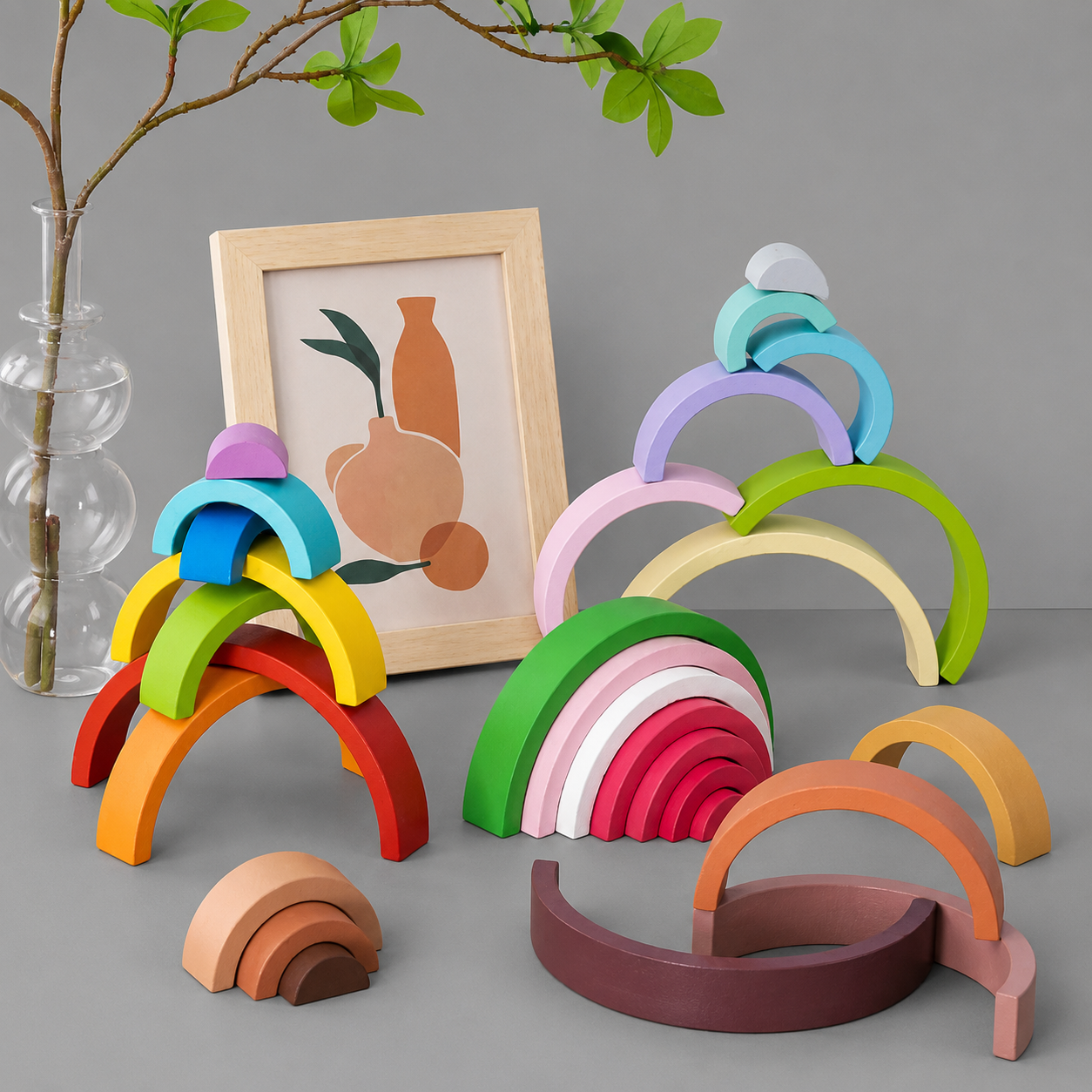 Rainbow Arch Bridge Wooden Stacking Blocks Game for Children Color Cognitive Montessori Educational Wooden Toy