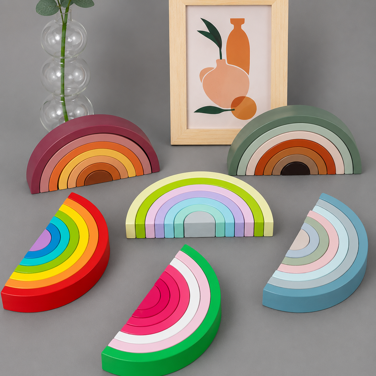 Rainbow Arch Bridge Wooden Stacking Blocks Game for Children Color Cognitive Montessori Educational Wooden Toy